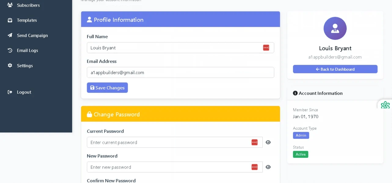 PHP Email Subscriber Program — Admin Dashboard